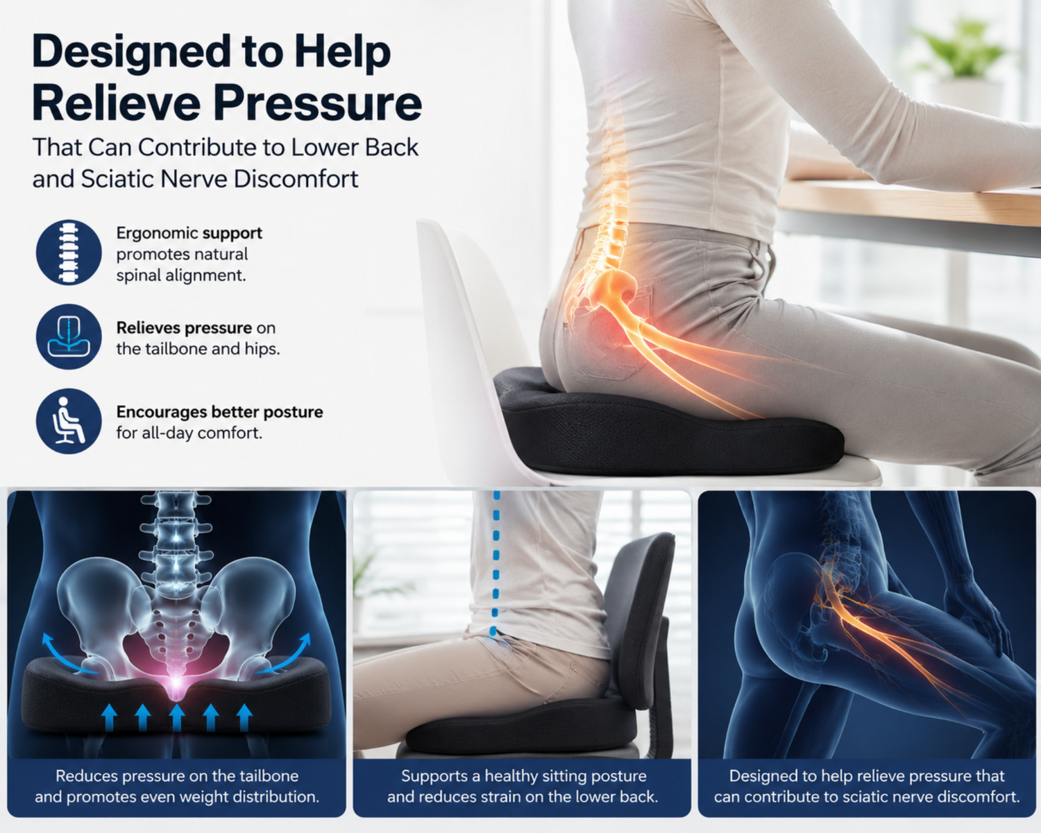 Ergonomic seat cushion designed to relieve pressure on lower back and sciatic nerve discomfort.